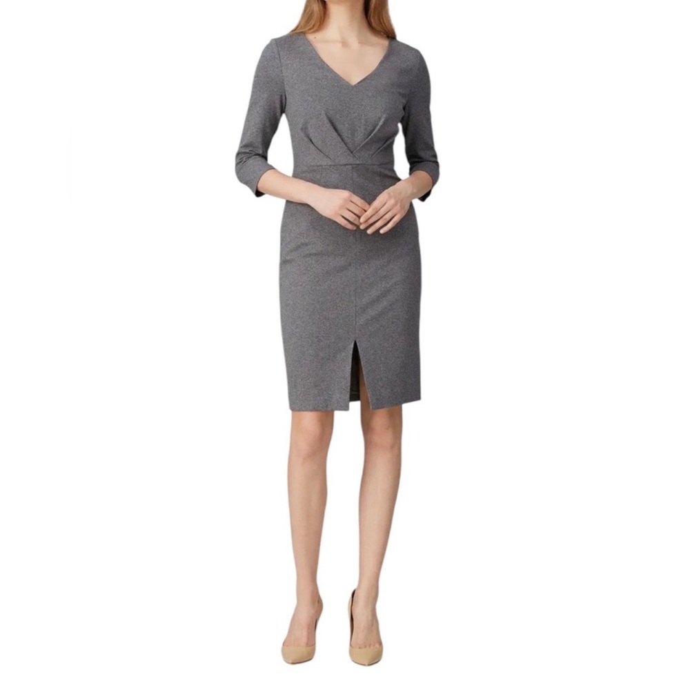 Trina Turk sable gray V neck sheath dress